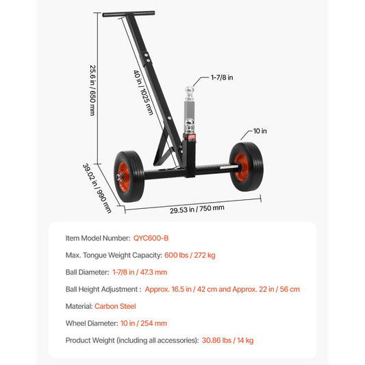 QYC600-B - 600 lbs Capacity Adjustable Trailer Dolly for Easy Moving