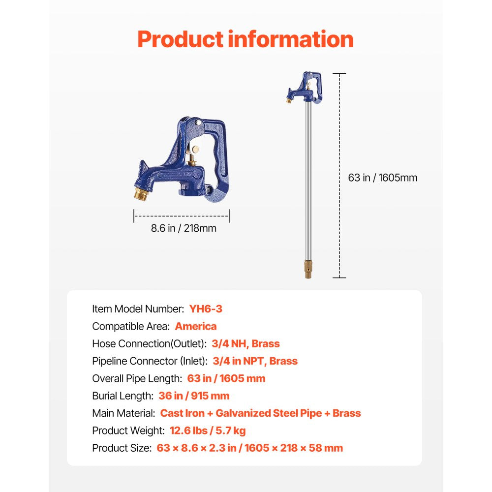 YH6-3 - 5.25FT Frost-Proof Yard Hydrant with Dual Valve System