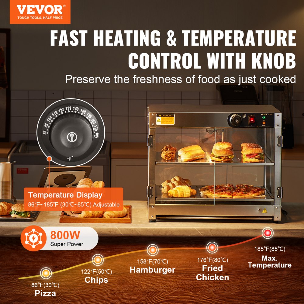 NB-02 - Stainless Steel Food Warmer Display with 2 Adjustable Shelves