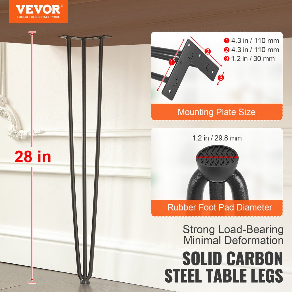 T6713-28 - 28" Steel Hairpin Table Legs with Anti-Wobble Design, 900 lbs Capacity