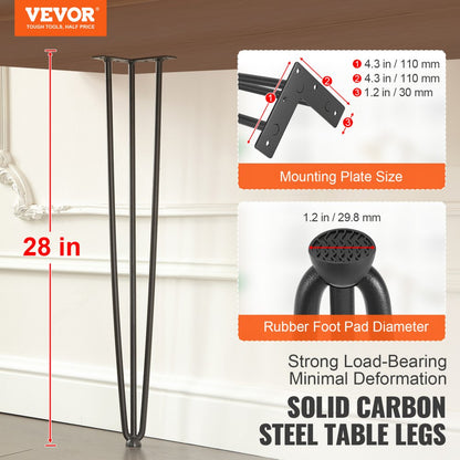 T6713-28 - 28" Steel Hairpin Table Legs with Anti-Wobble Design, 900 lbs Capacity