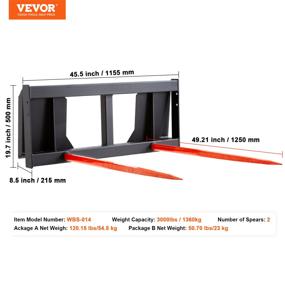 WBS-014 - 49" Heavy-Duty Hay Spear for Tractors, 3000 lbs Capacity