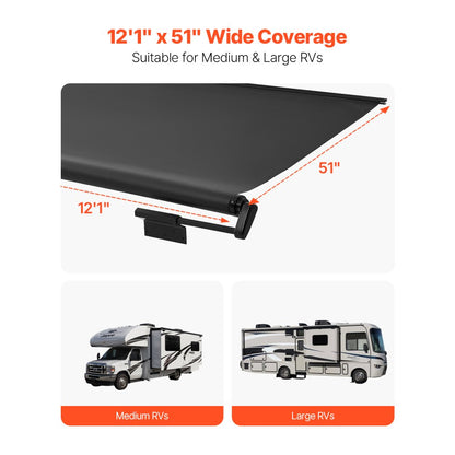 A6 - Durable 12' Black RV Awning with Waterproof PVC Fabric