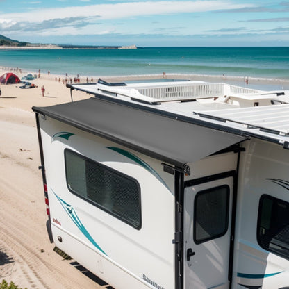 A6 - Durable 12' Black RV Awning with Waterproof PVC Fabric
