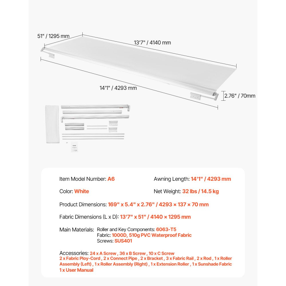 A6 - 13' Waterproof RV Slide Topper Awning with Durable PVC Fabric