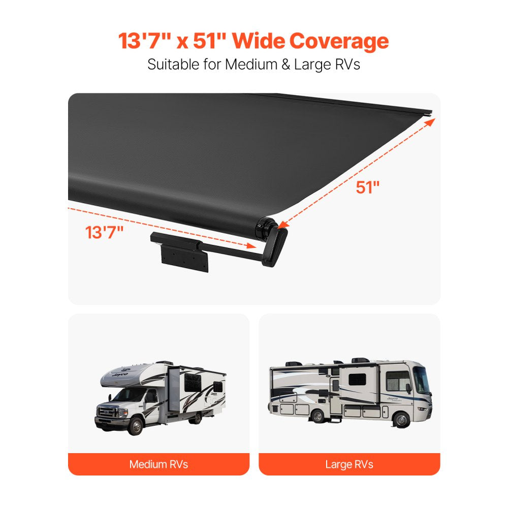 A6 - 13'7" Heavy-Duty Black RV Awning with 4-Layer Waterproof Fabric