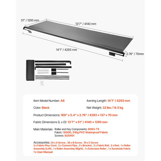 A6 - 13'7" Heavy-Duty Black RV Awning with 4-Layer Waterproof Fabric