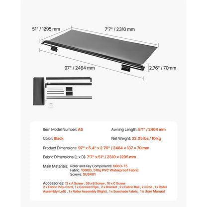 A6 - 7'7" Black Heavy-Duty RV Awning with Waterproof PVC Fabric