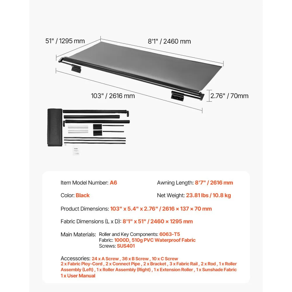 A6 - 8' Black RV Slide Topper Awning, Waterproof & Durable