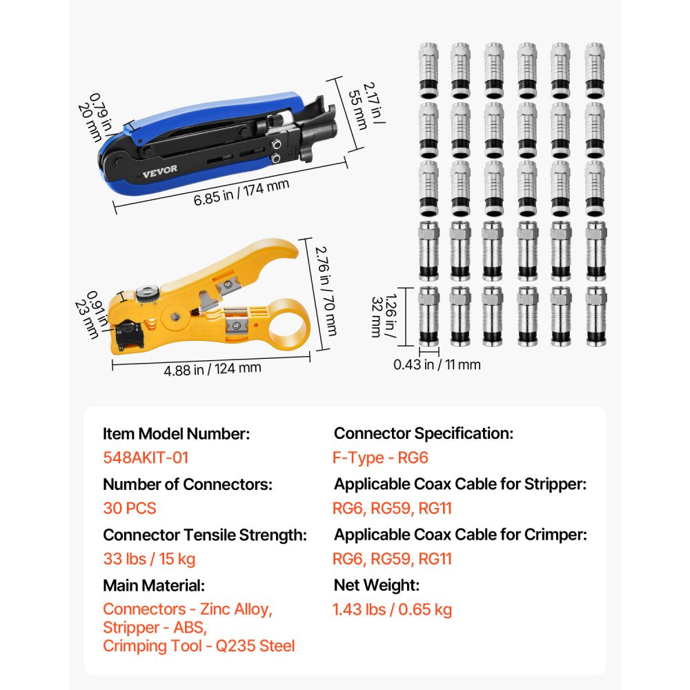 548AKIT-01 - Lightweight Crimper Kit with 30 RG6 Connectors & Tools