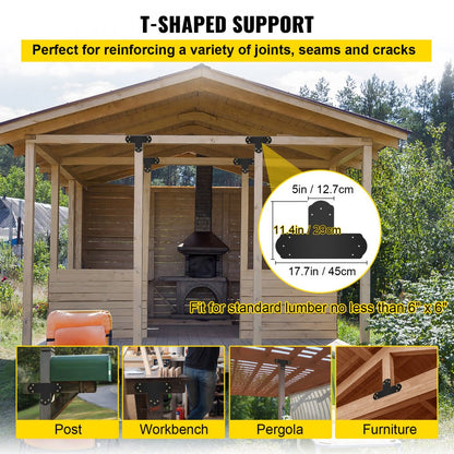 VV-TZLJJ-6X68PC - Heavy-Duty Black T Brackets, 16-Gauge Steel, Pack of 8