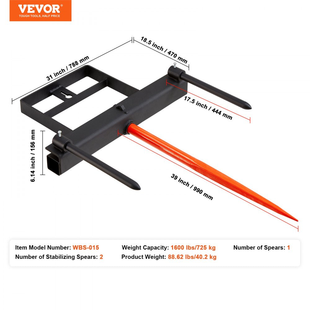 WBS-015 - Heavy-Duty 39" Hay Spear for Skid Steer Loaders