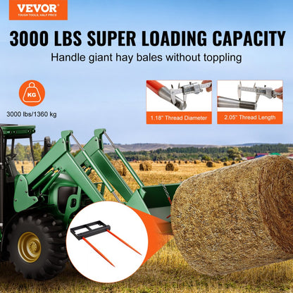 WBS-016 - 49" Heavy-Duty Hay Spear with 3000lbs Capacity for Tractors
