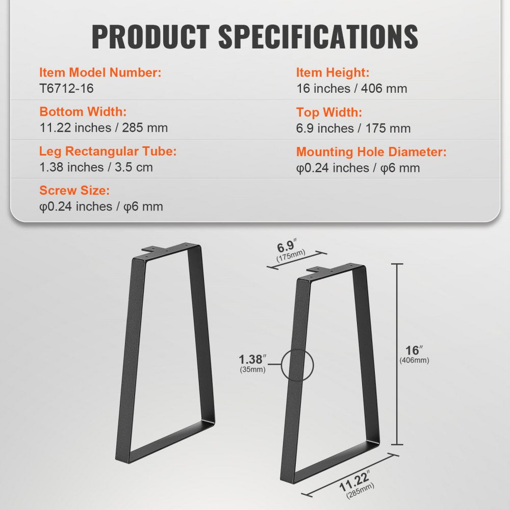 T6712-16 - 16" Matte Black Steel Table Legs for DIY Projects