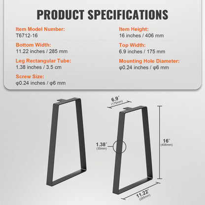 T6712-16 - 16" Matte Black Steel Table Legs for DIY Projects