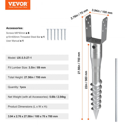 UX-3.5-27-1 - Durable No Dig Ground Anchor for 3.5" Timber, 27.56" Tall