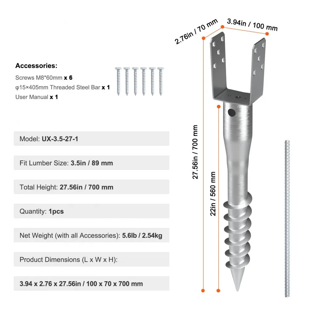 UX-3.5-27-1 - Durable No Dig Ground Anchor for 3.5" Timber, 27.56" Tall
