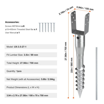UX-3.5-27-1 - Durable No Dig Ground Anchor for 3.5" Timber, 27.56" Tall