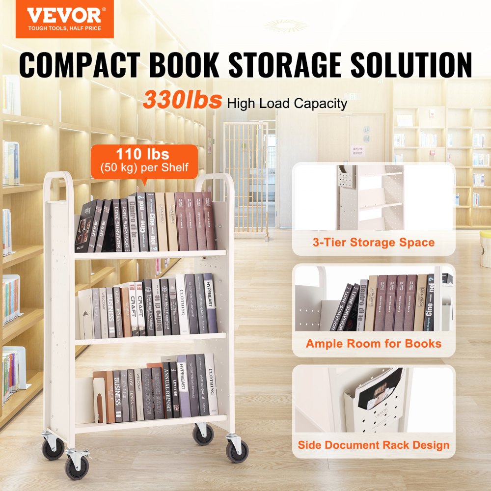 HXTC-V - Heavy-Duty 330 lbs Book Cart with V-Shaped Shelves