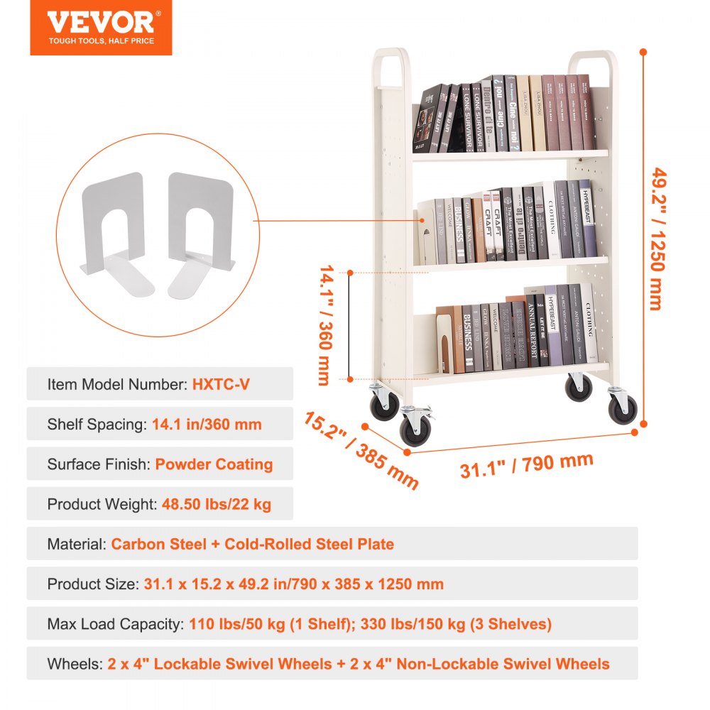 HXTC-V - Heavy-Duty 330 lbs Book Cart with V-Shaped Shelves