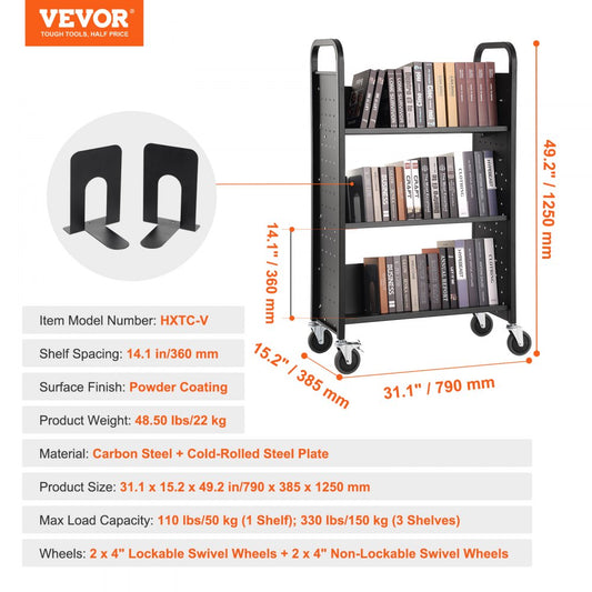 HXTC-V - Heavy-Duty Rolling Book Cart, 31.1" x 15.2" for Libraries