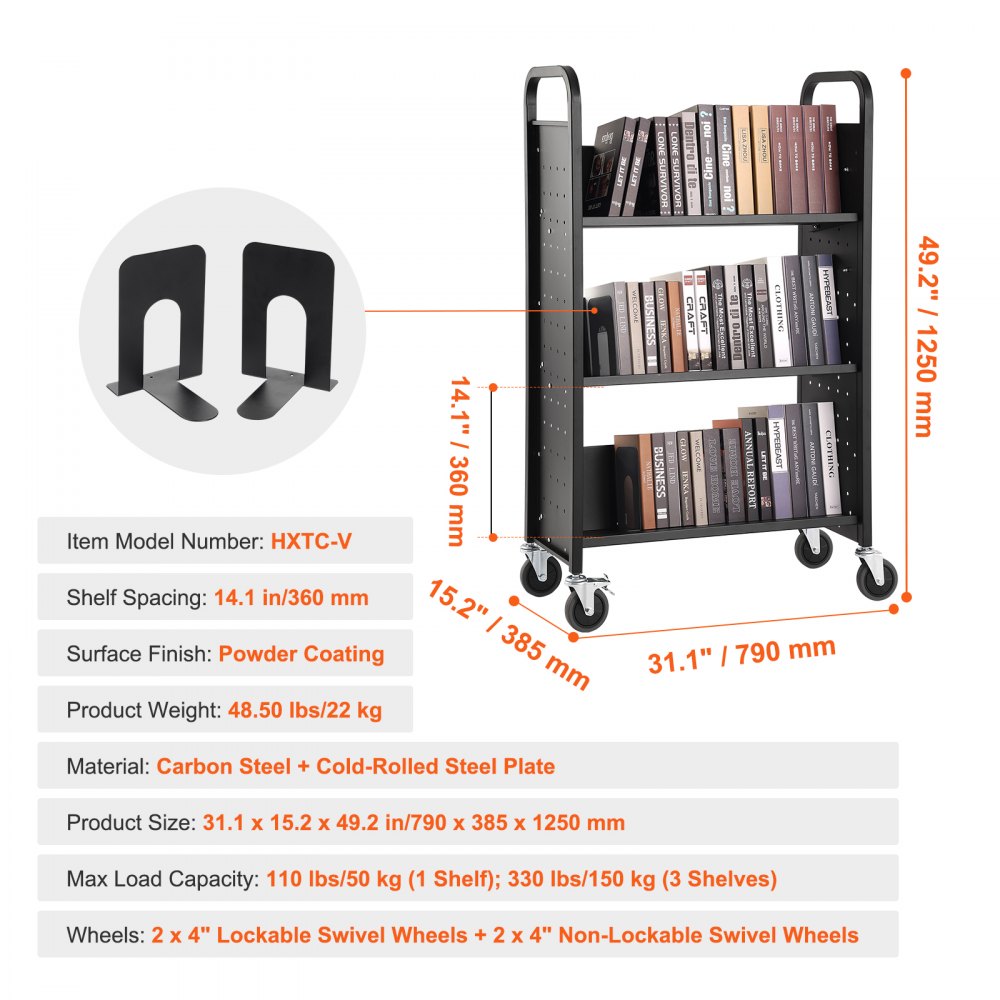 HXTC-V - Heavy-Duty Rolling Book Cart, 31.1" x 15.2" for Libraries