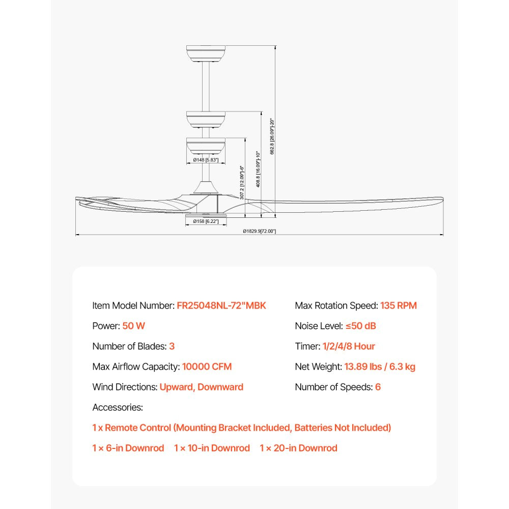 FR25048NL-72"MBK - 72" Solid Wood Ceiling Fan with Remote Control