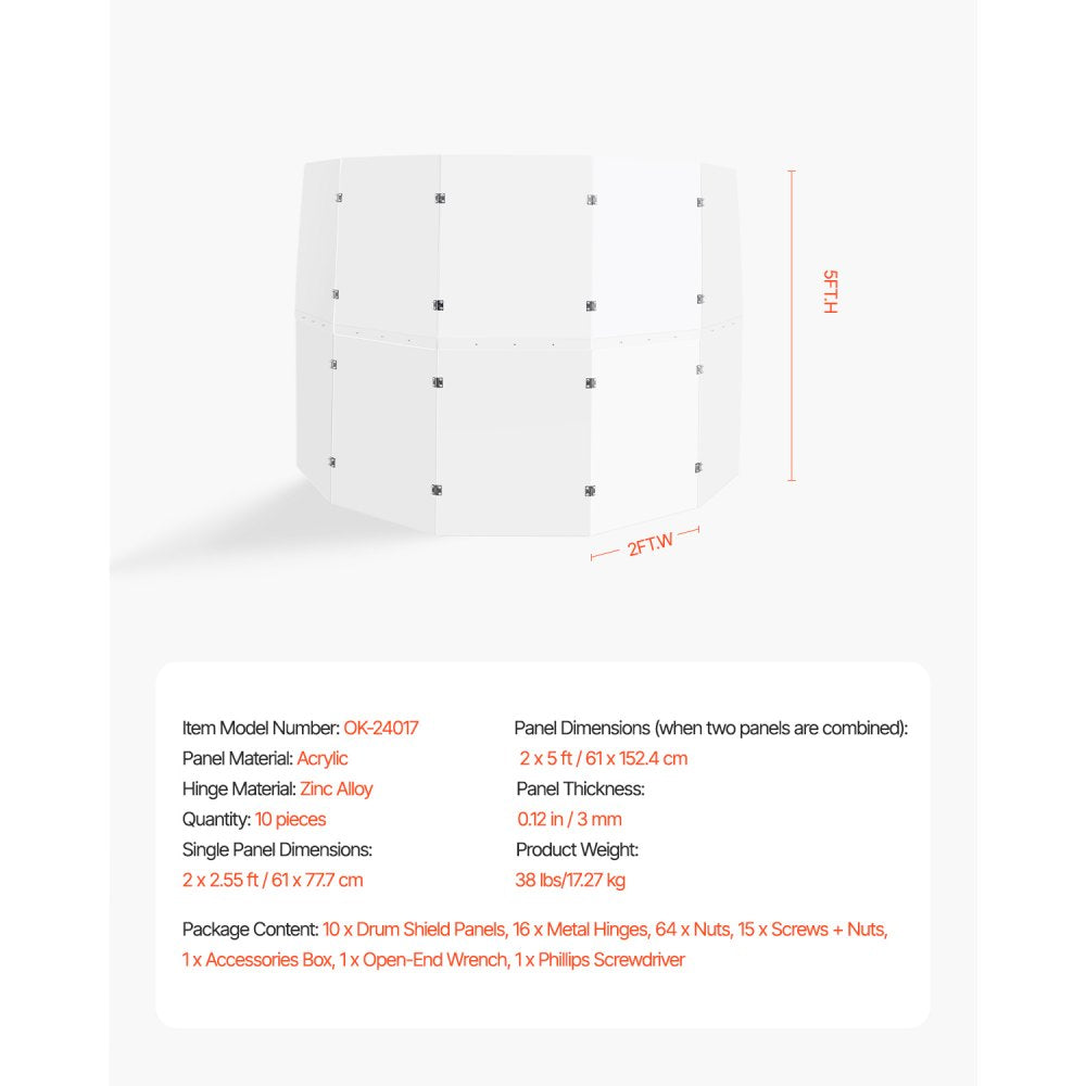 OK-24017 - 5 ft Tall Acrylic Drum Shield with 5 Panels