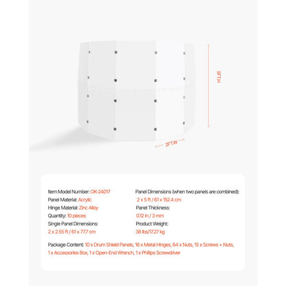 OK-24017 - 5 ft Tall Acrylic Drum Shield with 5 Panels