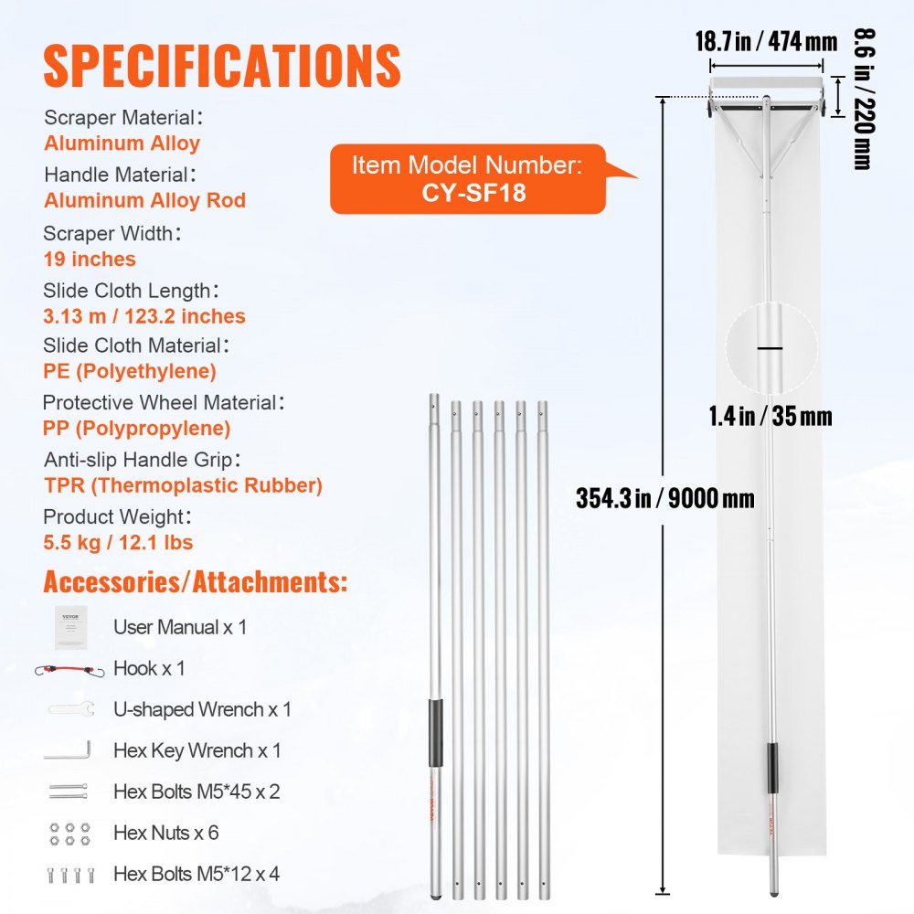 CY-SF18 - 30ft Lightweight Aluminium Snow Roof Rake with 19-inch Scraper