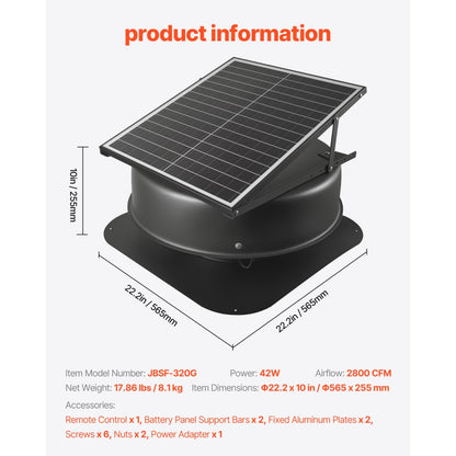 JBSF-320G - Solar-Powered Attic Fan with Smart Thermostat, 1230 CFM