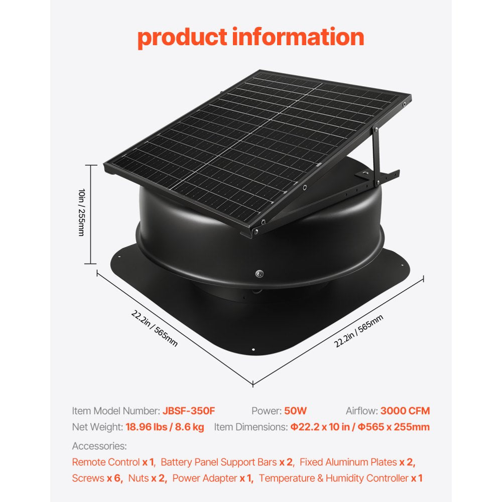 JBSF-350F - Durable Solar Attic Fan with Remote & Adjustable Panel