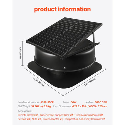 JBSF-350F - Durable Solar Attic Fan with Remote & Adjustable Panel
