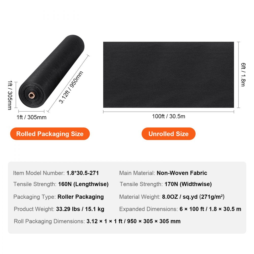 1.8*30.5-271 - 6x100FT VEVOR Weed Control Geotextile Fabric, Durable & Tear-Resistant
