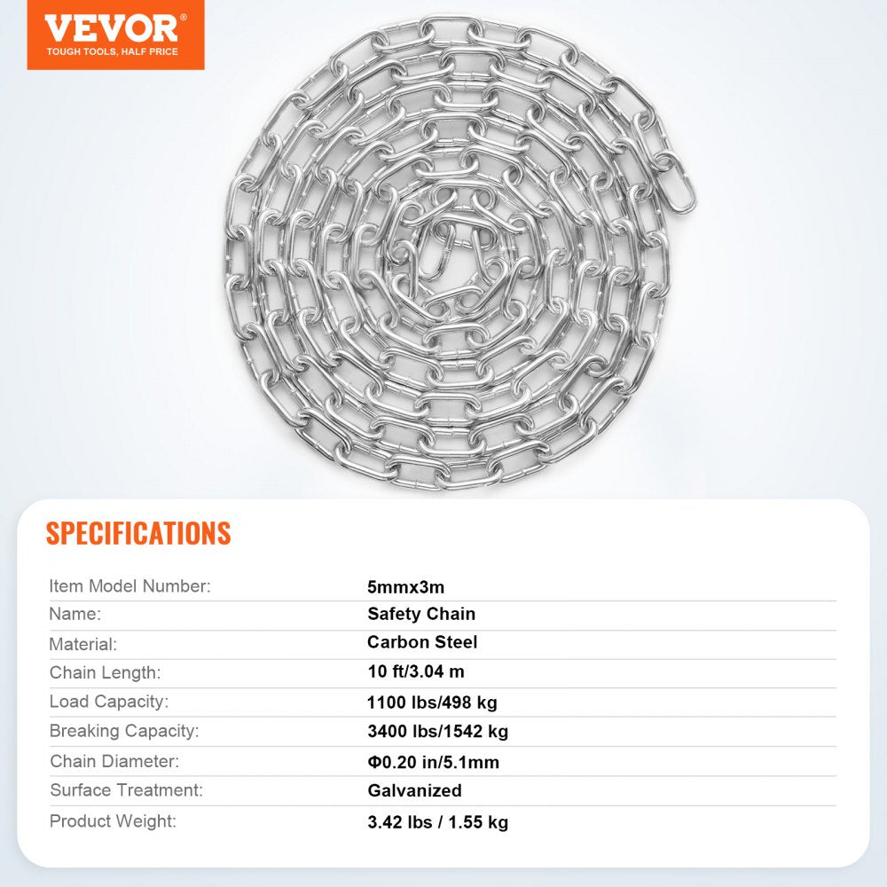 5mmX3M - Heavy-Duty Zinc Plated Chain for Lifting & Securing Tasks