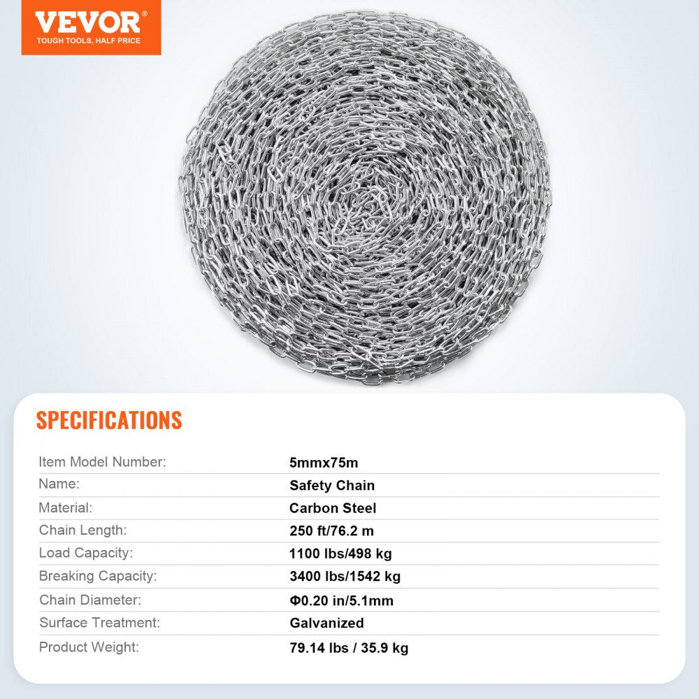 5mmX75M - Heavy-Duty Zinc Plated Coil Chain | Rust-Resistant & Durable