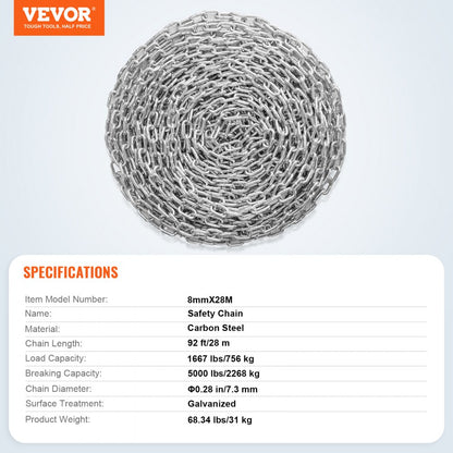 8mmX28M - Durable VEVOR Zinc-Plated Coil Chain for Heavy-Duty Tasks