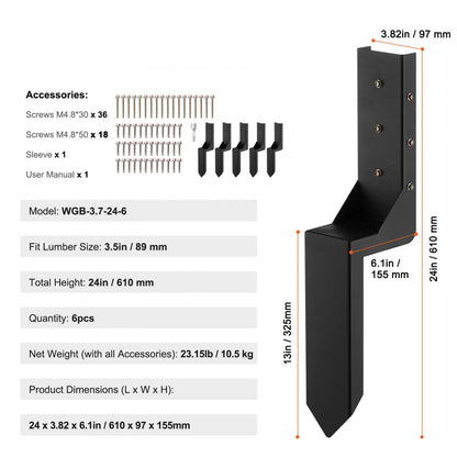 WGB-3.7-24-6 - Heavy-Duty Steel Fence Post Anchors for 3.5in Posts - 6 Pack
