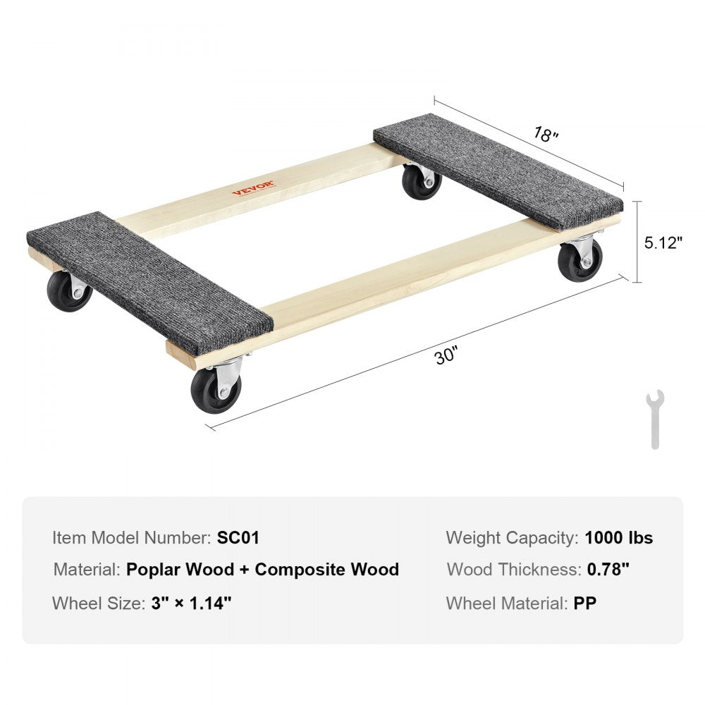 SC01 - Heavy-Duty 1000 lbs Furniture Dolly with 4 x 3" Swivel Casters
