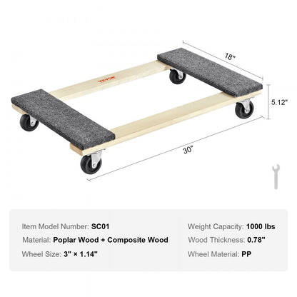 SC01 - Heavy-Duty 1000 lbs Furniture Dolly with 4 x 3" Swivel Casters