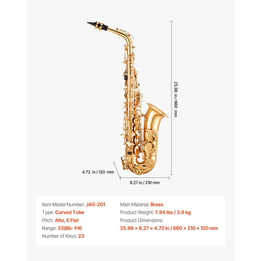 JAS-201 - E Flat Alto Saxophone Kit for Beginners with Case and Accessories