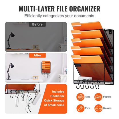 JLW009 - Wall-Mounted 6-Pocket Metal Document Organizer for Office Use