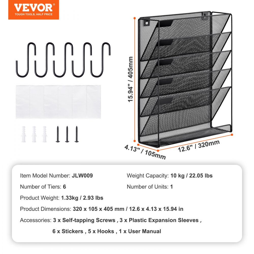 JLW009 - Wall-Mounted 6-Pocket Metal Document Organizer for Office Use