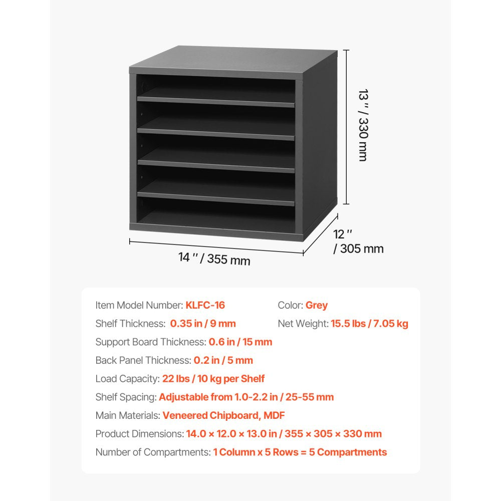 KLFC-16 - 5-Compartment Grey Literature Organizer for Workspace Decluttering