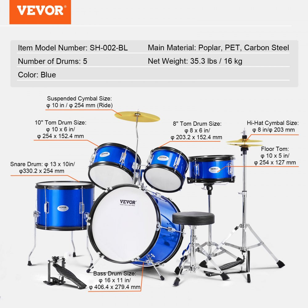 SH-002-BL - Vibrant 5-Piece Kids Drum Set with Throne and Cymbals