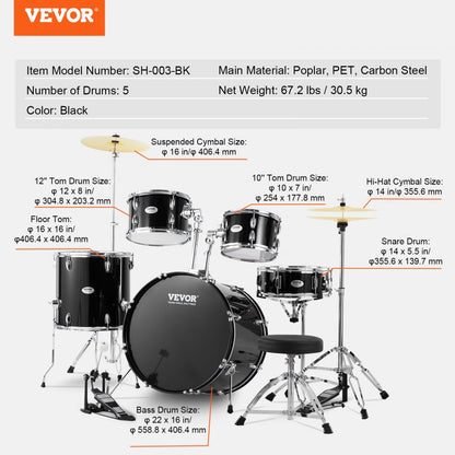 SH-003-BK - Complete 5-Piece Drum Set with 22" Bass and Accessories