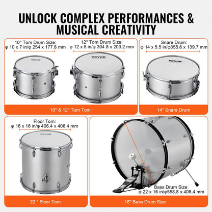 SH-003-SY - VEVOR 5-Piece Beginner Drum Set, 22" Bass, Silver Finish
