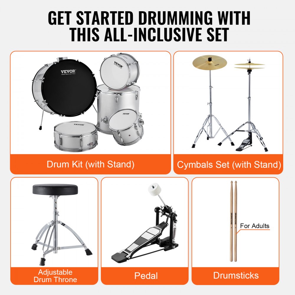 SH-003-SY - VEVOR 5-Piece Beginner Drum Set, 22" Bass, Silver Finish