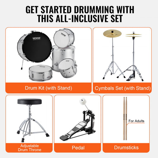 SH-003-SY - VEVOR 5-Piece Beginner Drum Set, 22" Bass, Silver Finish