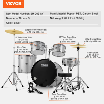 SH-003-SY - VEVOR 5-Piece Beginner Drum Set, 22" Bass, Silver Finish